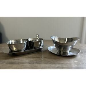 Vintage Japanese Stainless Steel Sugar and Cream Set with Tray and Gravy Boat